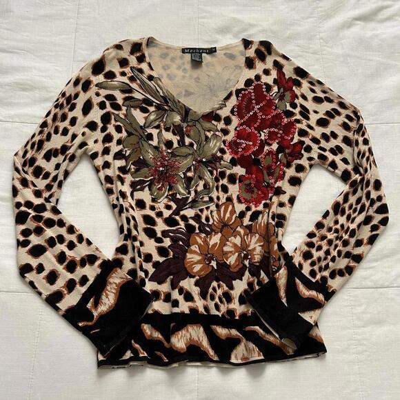 Y2k leopard print red sequined floral top with bell sleeves - Picture 1 of 6